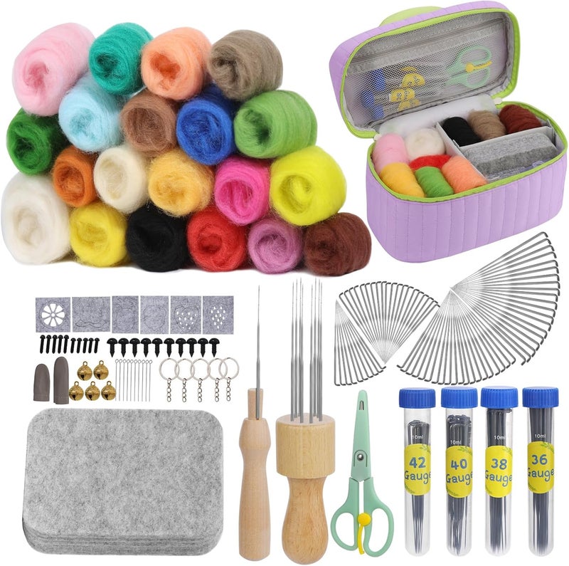 SOCNITC 20 Colors Needle Felting Kits for Beginners, Needle Supplies Kits with Tools,Wool Roving Set, Needle Felting Tools Kit with Needles, Felting Pad for DIY Handcrafts Decoration - Image 1